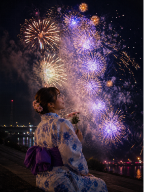 座って花火を見るエモい写真