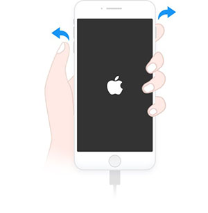 iPhone 7/7 Plus機種の図　Appleロゴが表示されたら、音量を下げるボタンとスリープ/スリープ解除ボタンを放します