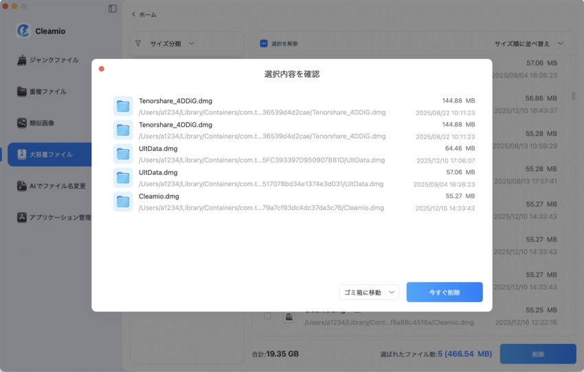 選択した大容量ファイルの削除確認ポップアップ