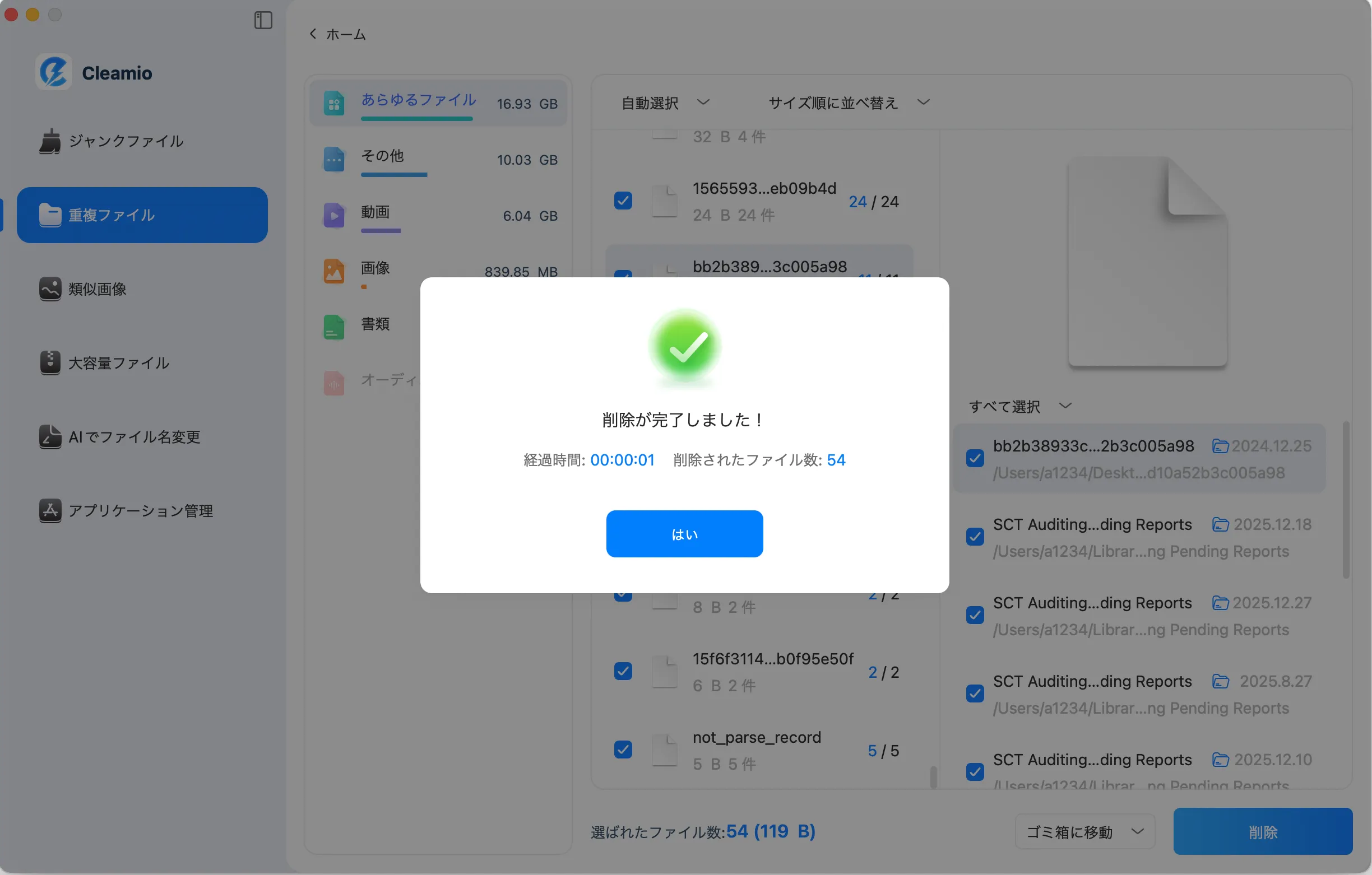重複ファイル削除完了画面