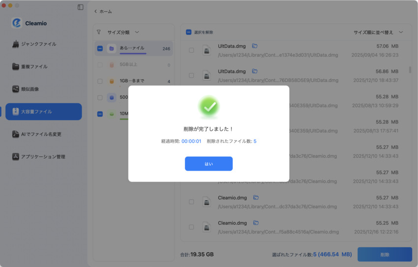 大きなファイルを削除しました