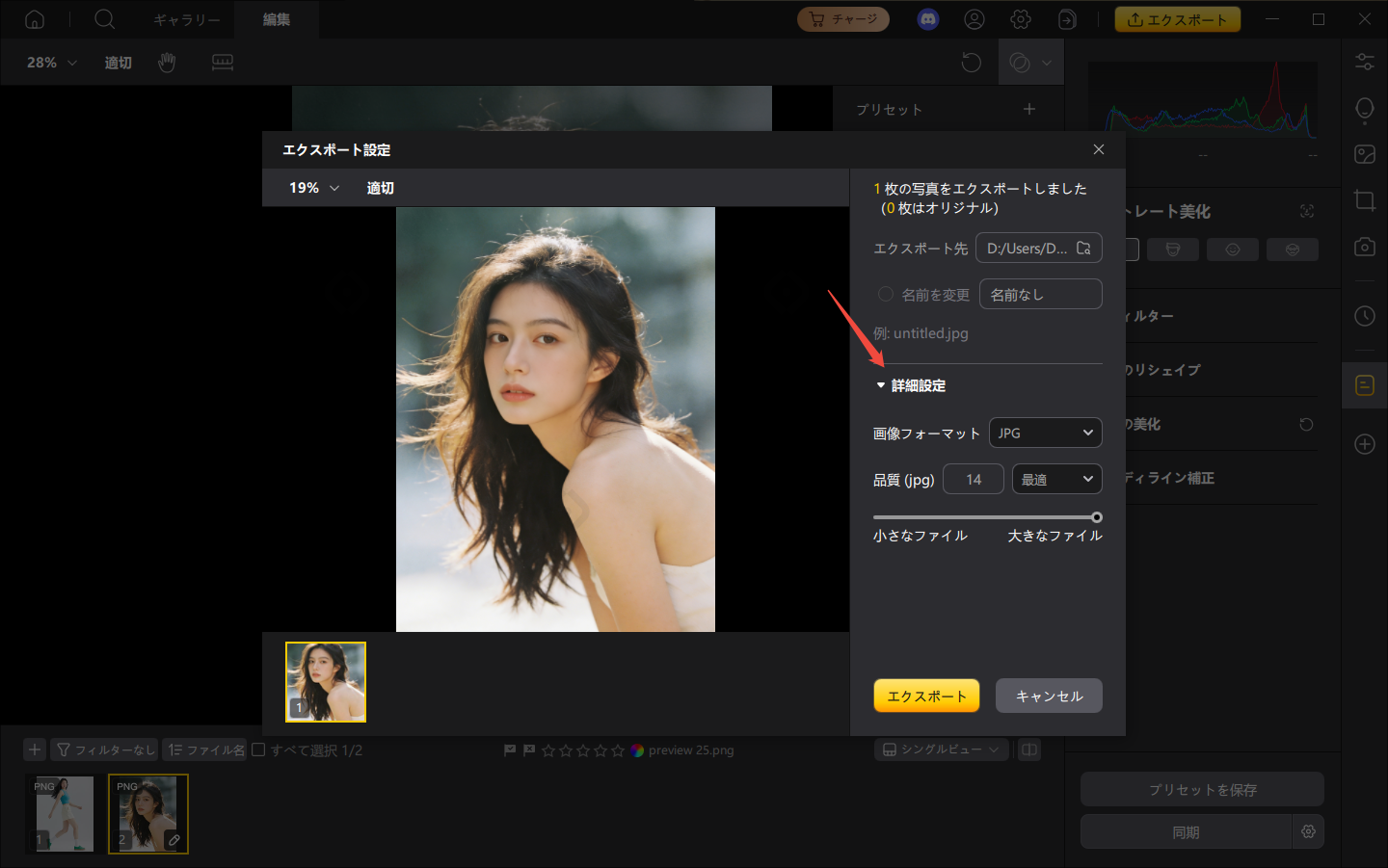 書き出し 詳細設定