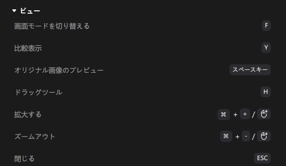 ショートカットキー　ビュー