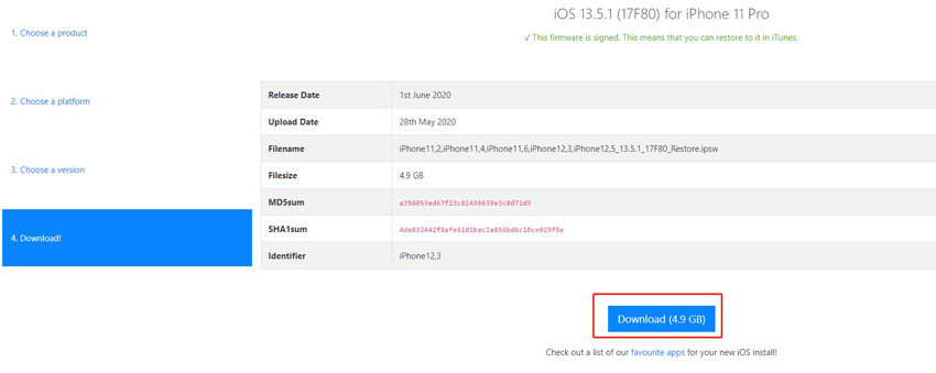 iOS13.5.1ファームウェア(IPSWファイル)をダウンロードする