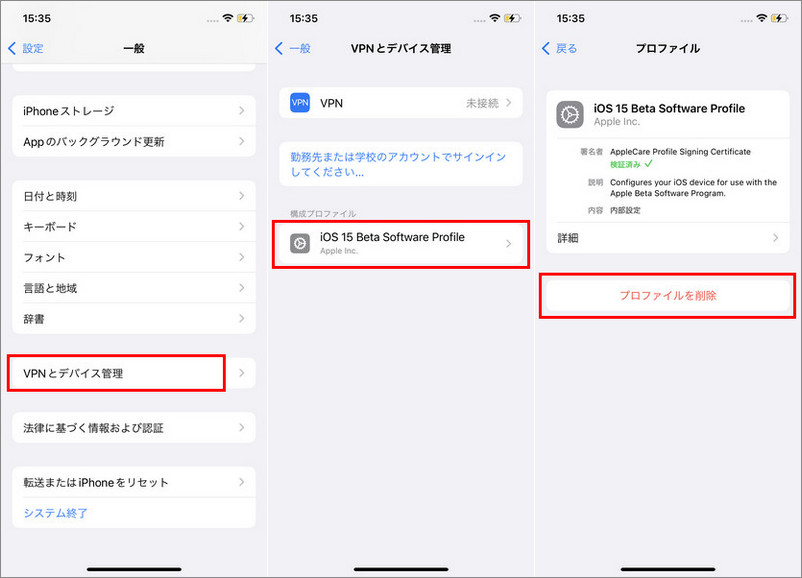 iOS15 Beta版を削除