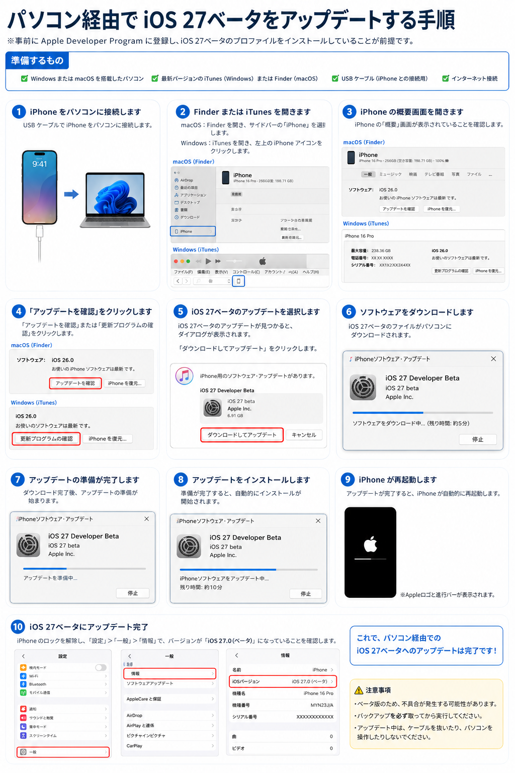 パソコン経由でiOS 27ベータをアップデート