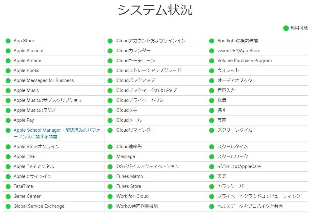 Appleのシステムステータスページを確認