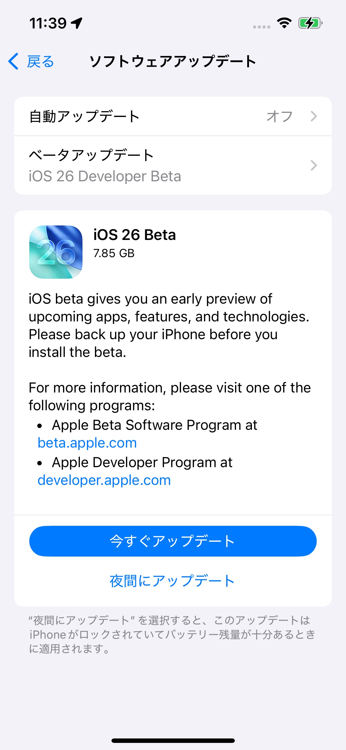 iOS 26ベータ ストレージ容量