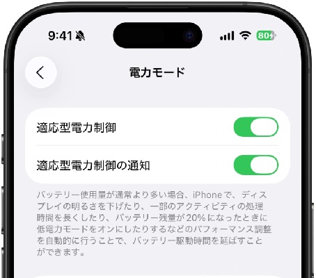 適応型電力制御をオフ