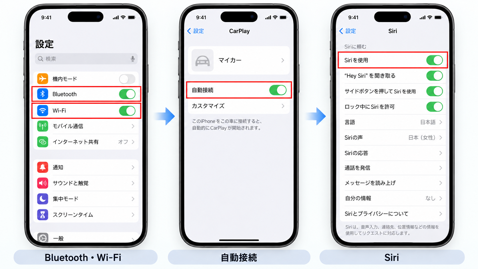 Bluetooth・Wi-Fi・Siriの設定を確認