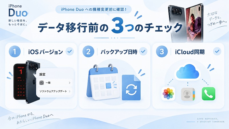 iPhone Duoへのデータ移行前に確認するiOSバージョン、バックアップ日時、iCloud同期の3項目