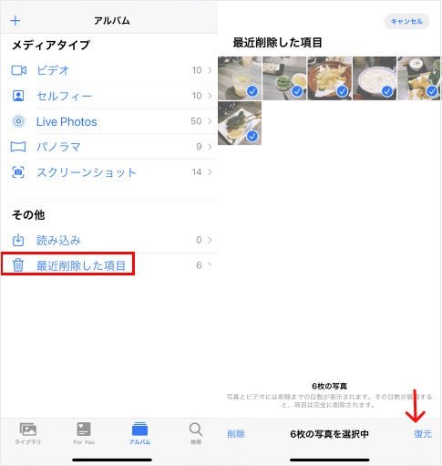 「最近削除した項目」をチェックする