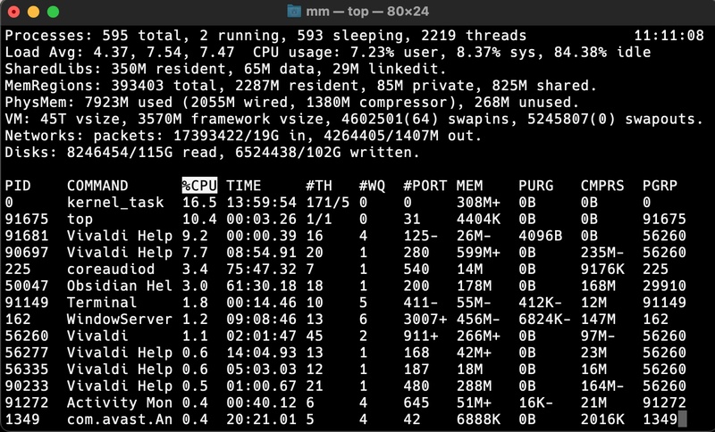 ターミナルコマンドでmacのcpu使用量を確認する