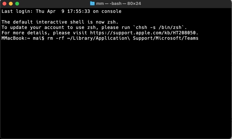 ターミナルでteamsのキャッシュを削除する