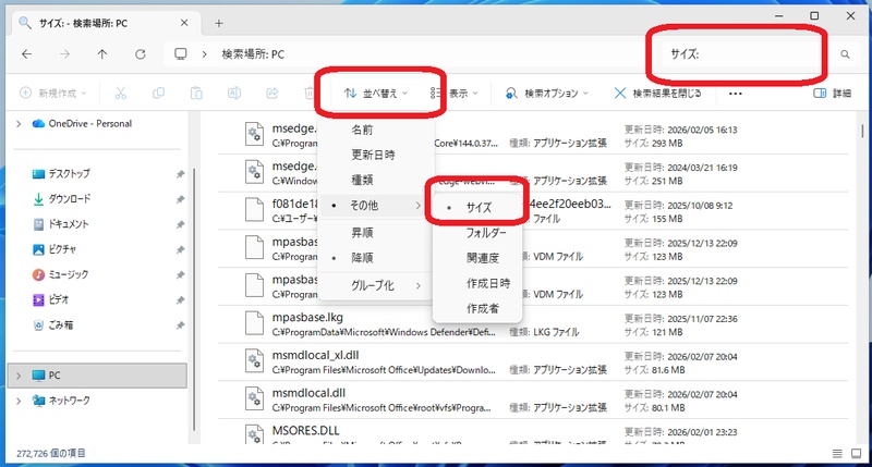エクスプローラーで大きなファイルを検索する