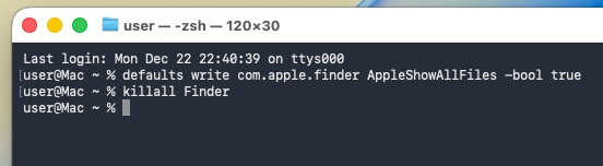 터미널 명령어로 숨김 파일 항상 표시