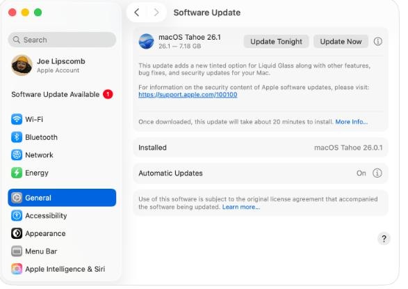 소프트웨어 업데이트 클릭