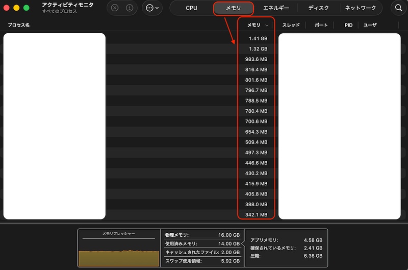 アクティビティモニタのメモリプレッシャー表示