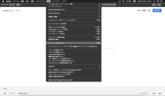 「キャッシュを空にする」をクリックする