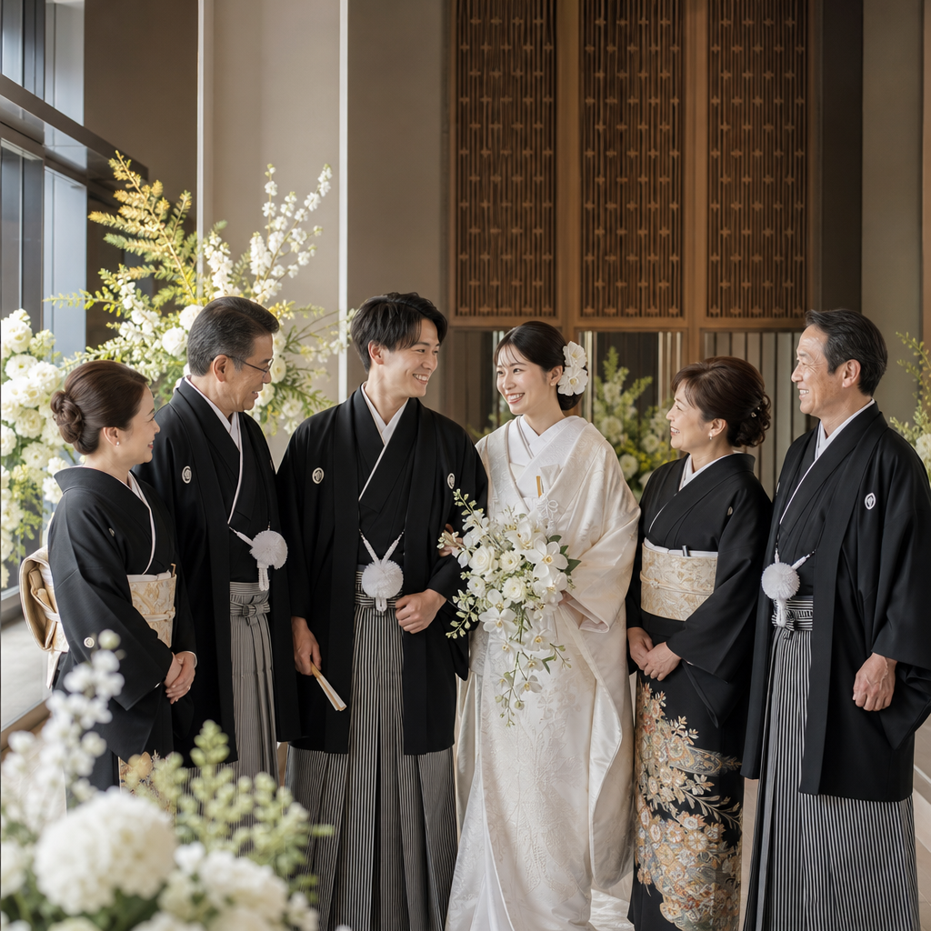 両親と笑顔で並ぶ新郎新婦の結婚式写真