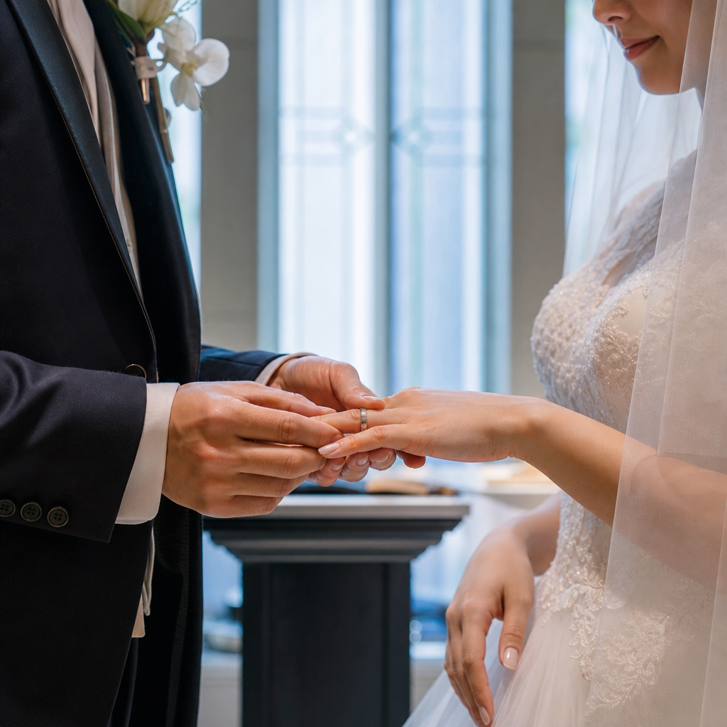 結婚式で指輪交換をする新郎新婦の手元アップ