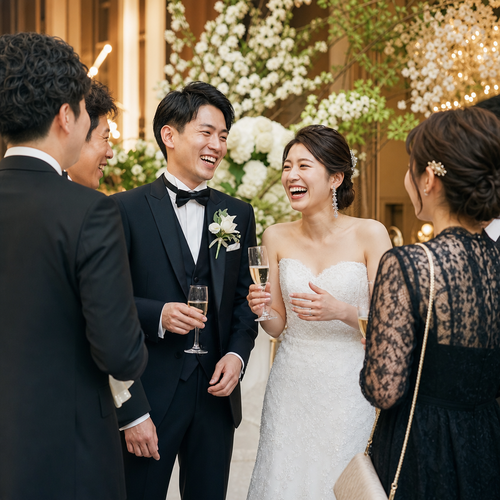 ゲストと笑顔で会話する新郎新婦